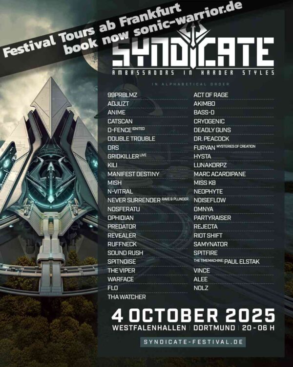 Line-up Flyer vom Syndicate Festival 2025 mit allen Hardcore-, Early Hardcore- und Hardstyle-Acts auf einen Blick