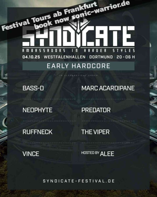 Line-up Flyer vom Syndicate Festival 2025 mit Acts des Early Hardcore Floors auf einen Blick.