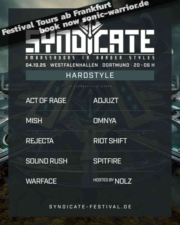 Line-up Flyer vom Syndicate Festival 2025 mit Acts des Hardstyle Floors auf einen Blick.
