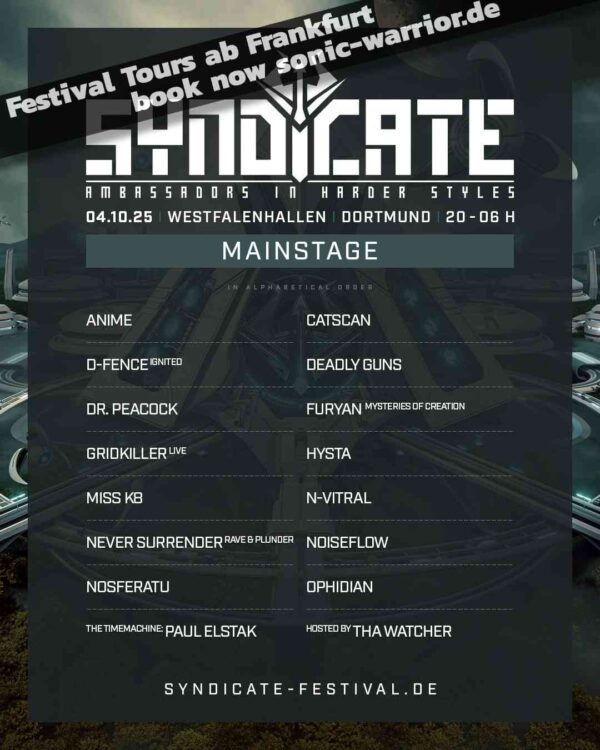 Line-up Flyer vom Syndicate Festival 2025 mit Acts der Mainstage auf einen Blick.