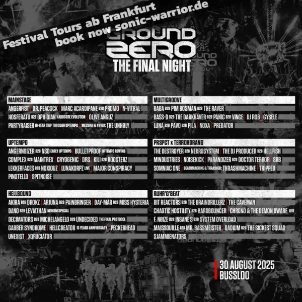 Ground Zero Festival 2025 Line-up Flyer – Timetable mit Künstlern aller Stages wie Mainstage, Uptempo, Hellbound, Multigroove, PRSPCT x Terrordrang und Ruhr’G’Beat am 30. August 2025 in Bussloo