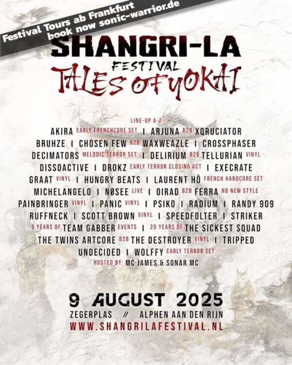 Line-up des Shangri-La Festival 2025 – Early Hardcore und Gabber DJs wie Akira, Drokz, Laurent Hô, The Sickest Squad u. v. m.