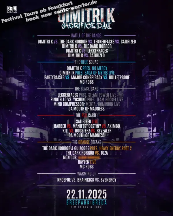 Event-Flyer von Dimitri K – Sacrifice Day 2025 in Breepark Breda mit vollständigem Line-up aus den Bereichen Uptempo, Hardcore und Frenchcore. Showdowns: Dimitri K vs. The Dark Horror, Lekkerfaces, Satirized & viele mehr.