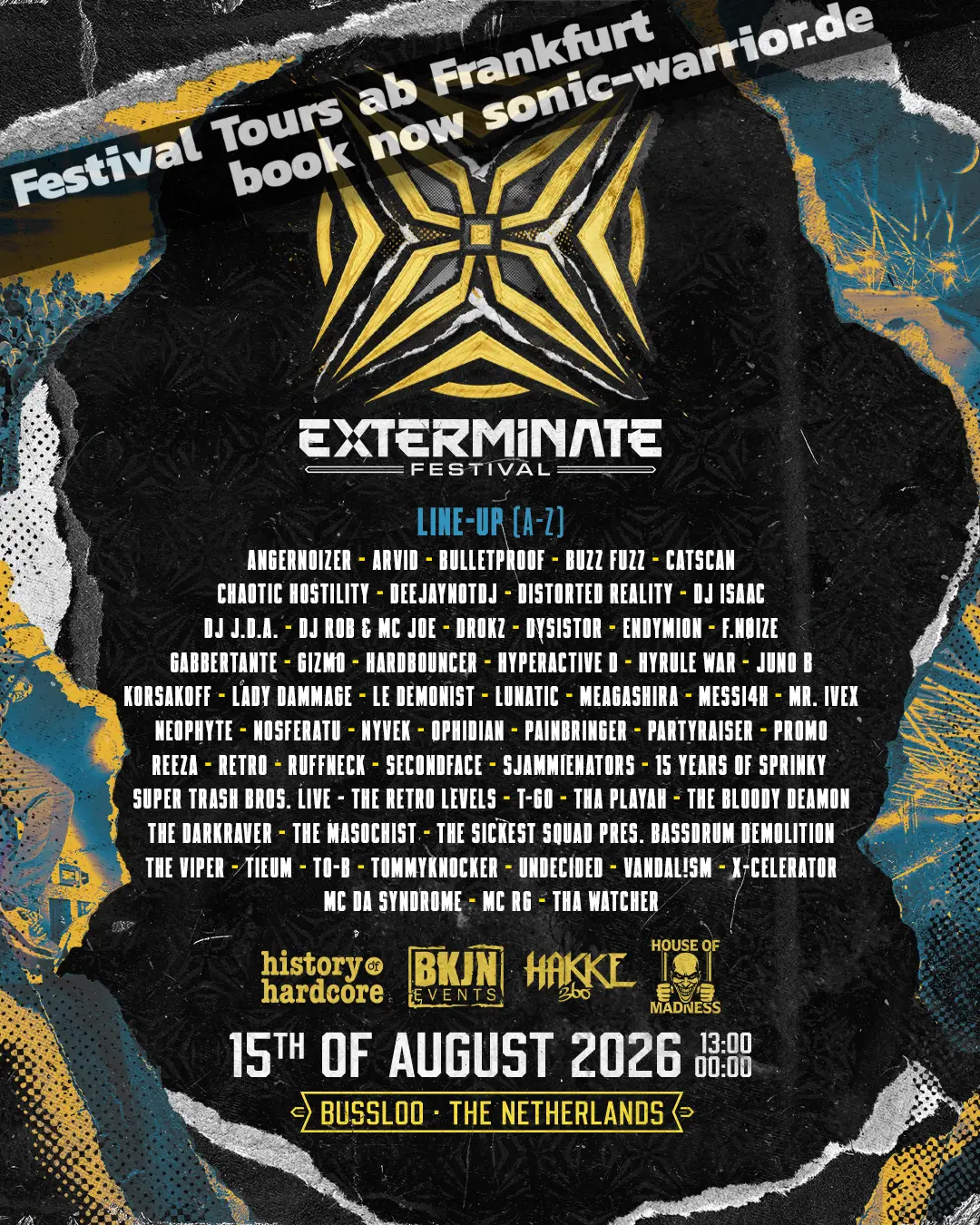 Bus zum Exterminate Festival (Early Hardcore) inkl. Ticket ab Frankfurt, Gießen und Köln 2 2026-08-exterminate-festival-bussloo-line-up-flyer